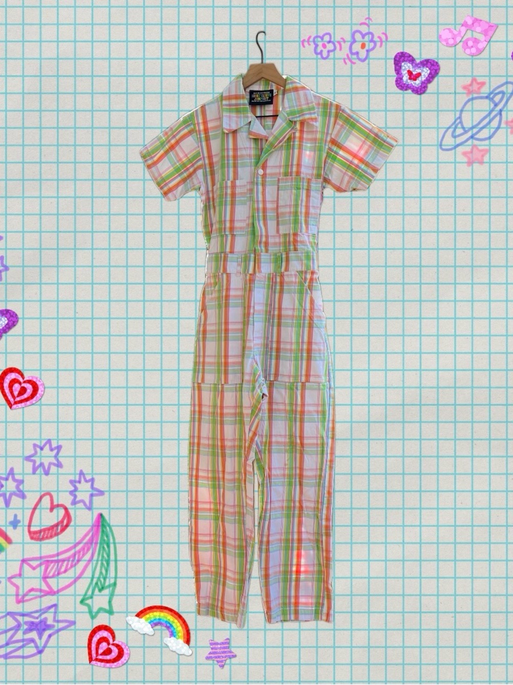 Big Bud Press Spring Rainbow Plaid Short Sleeve Jumpsuit Size S